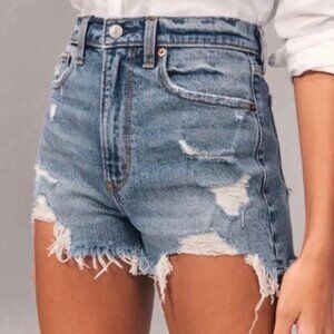 High-Rise Distressed Denim Shorts - Light Blue